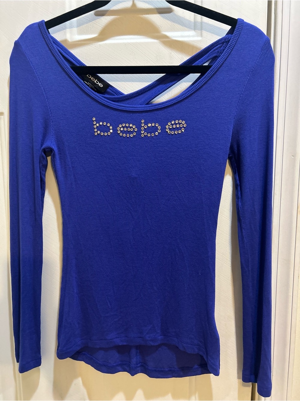 bebe Cobalt Blue Long Sleeve Rhinestone Logo Top